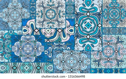 Vector patchwork quilt pattern. Vintage decorative collage. Hand drawn background. Indian, Arabic, Turkish motifs for printing on fabric or paper. Abstract colorful doodle pattern in mosaic style