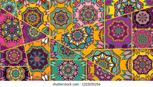 Vector patchwork quilt pattern. Vintage decorative collage. Hand drawn background. Indian, Arabic, Turkish motifs for printing on fabric or paper. Abstract colorful doodle pattern in mosaic style