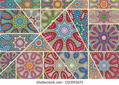 Vector patchwork quilt pattern. Vintage decorative collage. Hand drawn background. Indian, Arabic, Turkish motifs for printing on fabric or paper. Abstract colorful doodle pattern in mosaic style