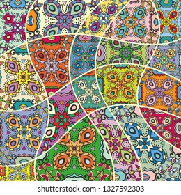Vector patchwork quilt pattern. Vintage decorative collage. Hand drawn background. Indian, Arabic, Turkish motifs for printing on fabric or paper. Abstract colorful doodle pattern in mosaic style