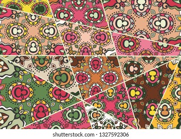 Vector patchwork quilt pattern. Vintage decorative collage. Hand drawn background. Indian, Arabic, Turkish motifs for printing on fabric or paper. Abstract colorful doodle pattern in mosaic style