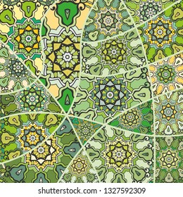 Vector patchwork quilt pattern. Vintage decorative collage. Hand drawn background. Indian, Arabic, Turkish motifs for printing on fabric or paper. Abstract colorful doodle pattern in mosaic style