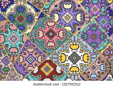 Vector patchwork quilt pattern. Vintage decorative collage. Hand drawn background. Indian, Arabic, Turkish motifs for printing on fabric or paper. Abstract colorful doodle pattern in mosaic style