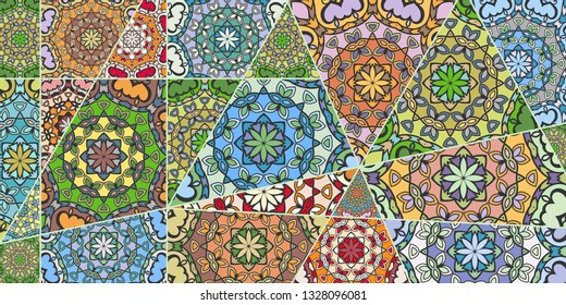 Vector patchwork quilt pattern. Vintage decorative collage. Hand drawn background. Indian, Arabic, Turkish motifs for printing on fabric or paper. Abstract colorful doodle pattern in mosaic style