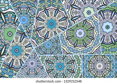 Vector patchwork quilt pattern. Vintage decorative collage. Hand drawn background. Indian, Arabic, Turkish motifs for printing on fabric or paper. Abstract colorful doodle pattern in mosaic style