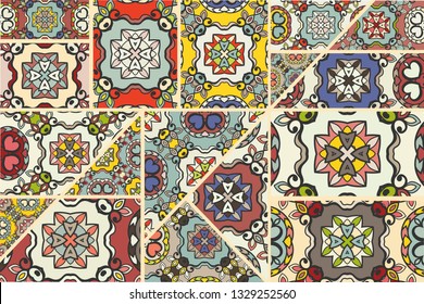 Vector patchwork quilt pattern. Vintage decorative collage. Hand drawn background. Indian, Arabic, Turkish motifs for printing on fabric or paper. Abstract colorful doodle pattern in mosaic style