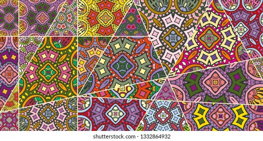Vector patchwork quilt pattern. Vintage decorative collage. Hand drawn background. Indian, Arabic, Turkish motifs for printing on fabric or paper. Abstract colorful doodle pattern in mosaic style