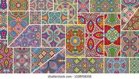 Vector patchwork quilt pattern. Vintage decorative collage. Hand drawn background. Indian, Arabic, Turkish motifs for printing on fabric or paper. Abstract colorful doodle pattern in mosaic style