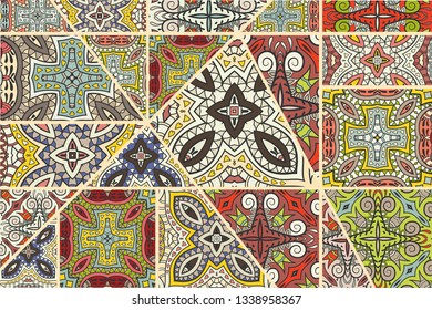 Vector patchwork quilt pattern. Vintage decorative collage. Hand drawn background. Indian, Arabic, Turkish motifs for printing on fabric or paper. Abstract colorful doodle pattern in mosaic style