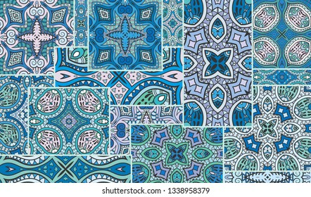 Vector patchwork quilt pattern. Vintage decorative collage. Hand drawn background. Indian, Arabic, Turkish motifs for printing on fabric or paper. Abstract colorful doodle pattern in mosaic style