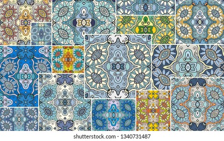 Vector patchwork quilt pattern. Vintage decorative collage. Hand drawn background. Indian, Arabic, Turkish motifs for printing on fabric or paper. Abstract colorful doodle pattern in mosaic style