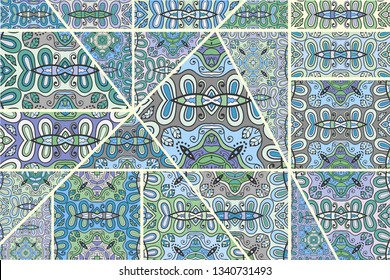 Vector patchwork quilt pattern. Vintage decorative collage. Hand drawn background. Indian, Arabic, Turkish motifs for printing on fabric or paper. Abstract colorful doodle pattern in mosaic style