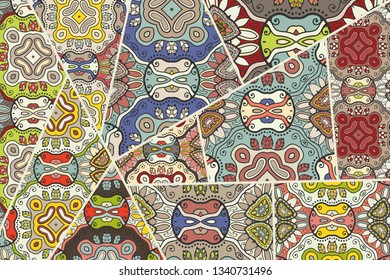 Vector patchwork quilt pattern. Vintage decorative collage. Hand drawn background. Indian, Arabic, Turkish motifs for printing on fabric or paper. Abstract colorful doodle pattern in mosaic style