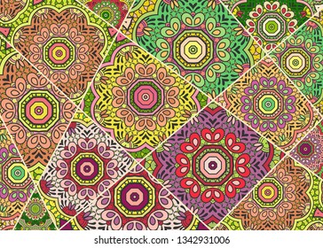 Vector patchwork quilt pattern. Vintage decorative collage. Hand drawn background. Indian, Arabic, Turkish motifs for printing on fabric or paper. Abstract colorful doodle pattern in mosaic style