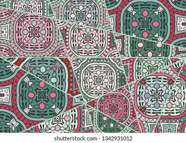 Vector patchwork quilt pattern. Vintage decorative collage. Hand drawn background. Indian, Arabic, Turkish motifs for printing on fabric or paper. Abstract colorful doodle pattern in mosaic style