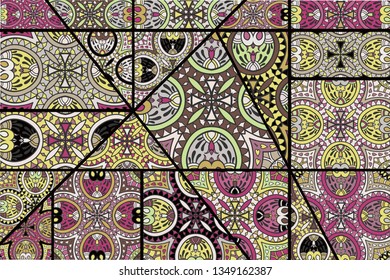 Vector patchwork quilt pattern. Vintage decorative collage. Hand drawn background. Indian, Arabic, Turkish motifs for printing on fabric or paper. Abstract colorful doodle pattern in mosaic style