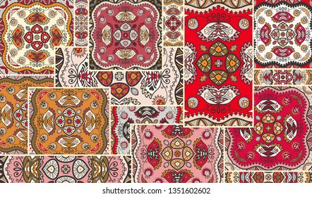 Vector patchwork quilt pattern. Vintage decorative collage. Hand drawn background. Indian, Arabic, Turkish motifs for printing on fabric or paper. Abstract colorful doodle pattern in mosaic style