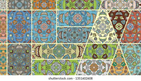 Vector patchwork quilt pattern. Vintage decorative collage. Hand drawn background. Indian, Arabic, Turkish motifs for printing on fabric or paper. Abstract colorful doodle pattern in mosaic style