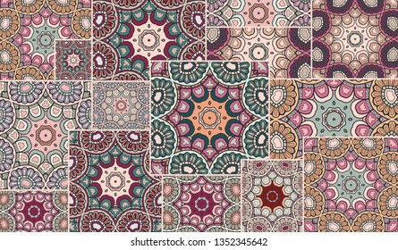 Vector patchwork quilt pattern. Vintage decorative collage. Hand drawn background. Indian, Arabic, Turkish motifs for printing on fabric or paper. Abstract colorful doodle pattern in mosaic style