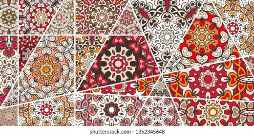 Vector patchwork quilt pattern. Vintage decorative collage. Hand drawn background. Indian, Arabic, Turkish motifs for printing on fabric or paper. Abstract colorful doodle pattern in mosaic style