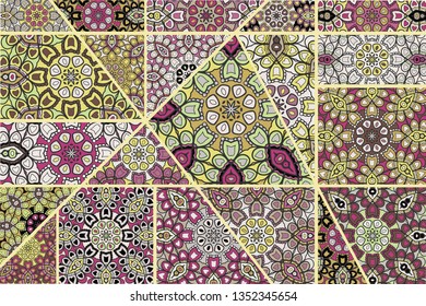 Vector patchwork quilt pattern. Vintage decorative collage. Hand drawn background. Indian, Arabic, Turkish motifs for printing on fabric or paper. Abstract colorful doodle pattern in mosaic style