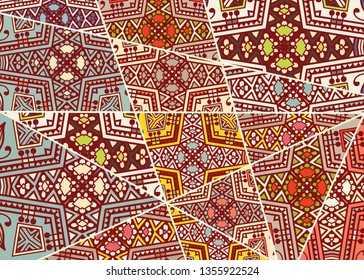 Vector patchwork quilt pattern. Vintage decorative collage. Hand drawn background. Indian, Arabic, Turkish motifs for printing on fabric or paper. Abstract colorful doodle pattern in mosaic style