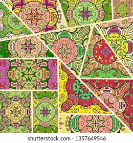 Vector patchwork quilt pattern. Vintage decorative collage. Hand drawn background. Indian, Arabic, Turkish motifs for printing on fabric or paper. Abstract colorful doodle pattern in mosaic style