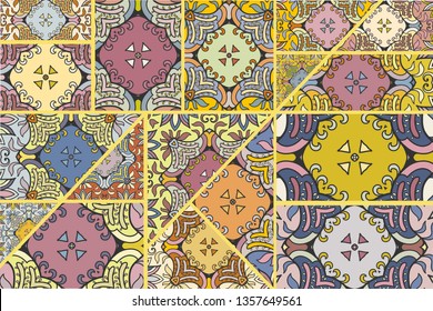 Vector patchwork quilt pattern. Vintage decorative collage. Hand drawn background. Indian, Arabic, Turkish motifs for printing on fabric or paper. Abstract colorful doodle pattern in mosaic style