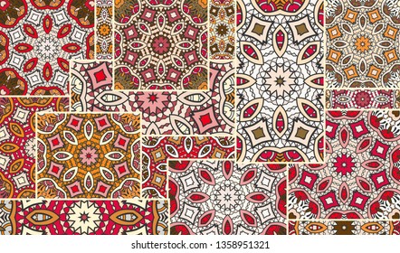 Vector patchwork quilt pattern. Vintage decorative collage. Hand drawn background. Indian, Arabic, Turkish motifs for printing on fabric or paper. Abstract colorful doodle pattern in mosaic style