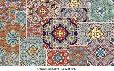 Vector patchwork quilt pattern. Vintage decorative collage. Hand drawn background. Indian, Arabic, Turkish motifs for printing on fabric or paper. Abstract colorful doodle pattern in mosaic style