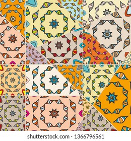 Vector patchwork quilt pattern. Vintage decorative collage. Hand drawn background. Indian, Arabic, Turkish motifs for printing on fabric or paper. Abstract colorful doodle pattern in mosaic style