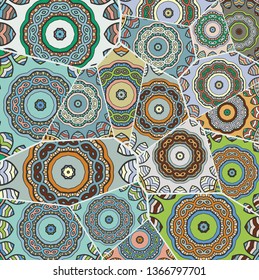 Vector patchwork quilt pattern. Vintage decorative collage. Hand drawn background. Indian, Arabic, Turkish motifs for printing on fabric or paper. Abstract colorful doodle pattern in mosaic style