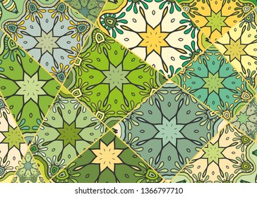 Vector patchwork quilt pattern. Vintage decorative collage. Hand drawn background. Indian, Arabic, Turkish motifs for printing on fabric or paper. Abstract colorful doodle pattern in mosaic style