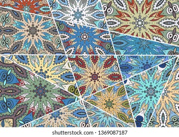 Vector patchwork quilt pattern. Vintage decorative collage. Hand drawn background. Indian, Arabic, Turkish motifs for printing on fabric or paper. Abstract colorful doodle pattern in mosaic style