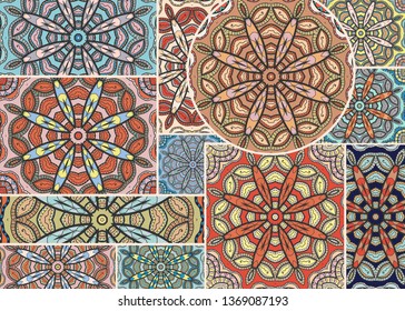 Vector patchwork quilt pattern. Vintage decorative collage. Hand drawn background. Indian, Arabic, Turkish motifs for printing on fabric or paper. Abstract colorful doodle pattern in mosaic style