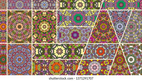 Vector patchwork quilt pattern. Vintage decorative collage. Hand drawn background. Indian, Arabic, Turkish motifs for printing on fabric or paper. Abstract colorful doodle pattern in mosaic style