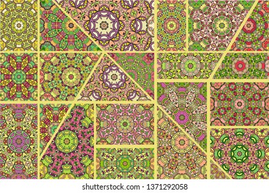 Vector patchwork quilt pattern. Vintage decorative collage. Hand drawn background. Indian, Arabic, Turkish motifs for printing on fabric or paper. Abstract colorful doodle pattern in mosaic style