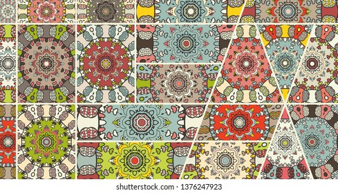 Vector patchwork quilt pattern. Vintage decorative collage. Hand drawn background. Indian, Arabic, Turkish motifs for printing on fabric or paper. Abstract colorful doodle pattern in mosaic style