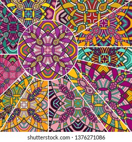 Vector patchwork quilt pattern. Vintage decorative collage. Hand drawn background. Indian, Arabic, Turkish motifs for printing on fabric or paper. Abstract colorful doodle pattern in mosaic style