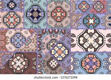 Vector patchwork quilt pattern. Vintage decorative collage. Hand drawn background. Indian, Arabic, Turkish motifs for printing on fabric or paper. Abstract colorful doodle pattern in mosaic style