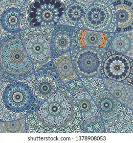 Vector patchwork quilt pattern. Vintage decorative collage. Hand drawn background. Indian, Arabic, Turkish motifs for printing on fabric or paper. Abstract colorful doodle pattern in mosaic style
