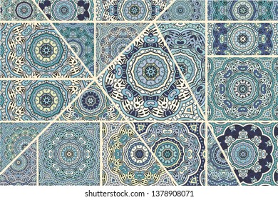 Vector patchwork quilt pattern. Vintage decorative collage. Hand drawn background. Indian, Arabic, Turkish motifs for printing on fabric or paper. Abstract colorful doodle pattern in mosaic style