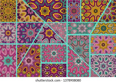 Vector patchwork quilt pattern. Vintage decorative collage. Hand drawn background. Indian, Arabic, Turkish motifs for printing on fabric or paper. Abstract colorful doodle pattern in mosaic style