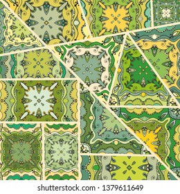 Vector patchwork quilt pattern. Vintage decorative collage. Hand drawn background. Indian, Arabic, Turkish motifs for printing on fabric or paper. Abstract colorful doodle pattern in mosaic style