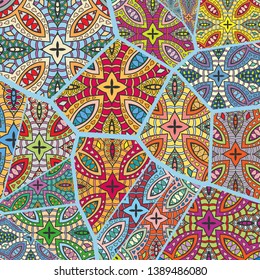 Vector patchwork quilt pattern. Vintage decorative collage. Hand drawn background. Indian, Arabic, Turkish motifs for printing on fabric or paper. Abstract colorful doodle pattern in mosaic style