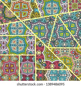 Vector patchwork quilt pattern. Vintage decorative collage. Hand drawn background. Indian, Arabic, Turkish motifs for printing on fabric or paper. Abstract colorful doodle pattern in mosaic style