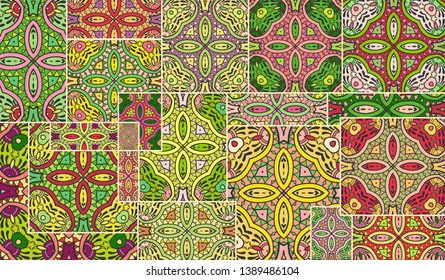 Vector patchwork quilt pattern. Vintage decorative collage. Hand drawn background. Indian, Arabic, Turkish motifs for printing on fabric or paper. Abstract colorful doodle pattern in mosaic style
