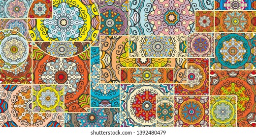 Vector patchwork quilt pattern. Vintage decorative collage. Hand drawn background. Indian, Arabic, Turkish motifs for printing on fabric or paper. Abstract colorful doodle pattern in mosaic style