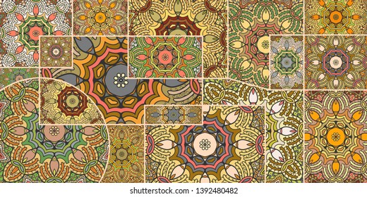 Vector patchwork quilt pattern. Vintage decorative collage. Hand drawn background. Indian, Arabic, Turkish motifs for printing on fabric or paper. Abstract colorful doodle pattern in mosaic style