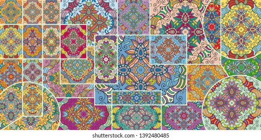 Vector patchwork quilt pattern. Vintage decorative collage. Hand drawn background. Indian, Arabic, Turkish motifs for printing on fabric or paper. Abstract colorful doodle pattern in mosaic style
